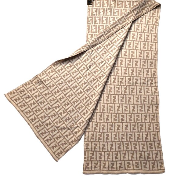 Vintage FENDI Light Beige & Cream Monogram Print Scarf - Picture 2 of 10